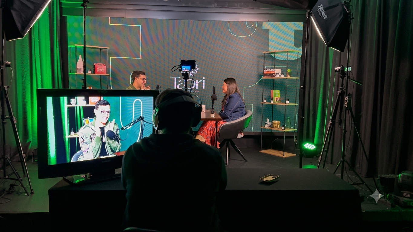backstage do podcast em gravação